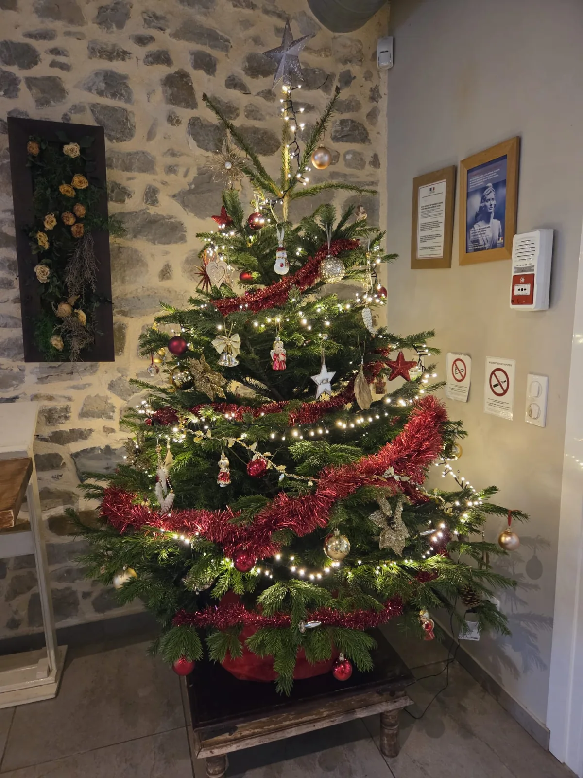 Le sapin de Noël au pied du mur en pierre